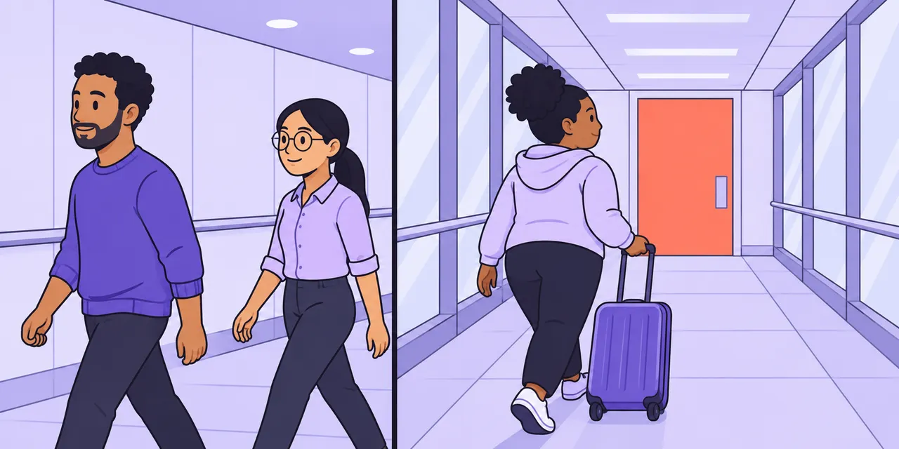 Left: a man walks one step ahead of a woman in a line. Right: a traveller with a suitcase walks on towards a door.