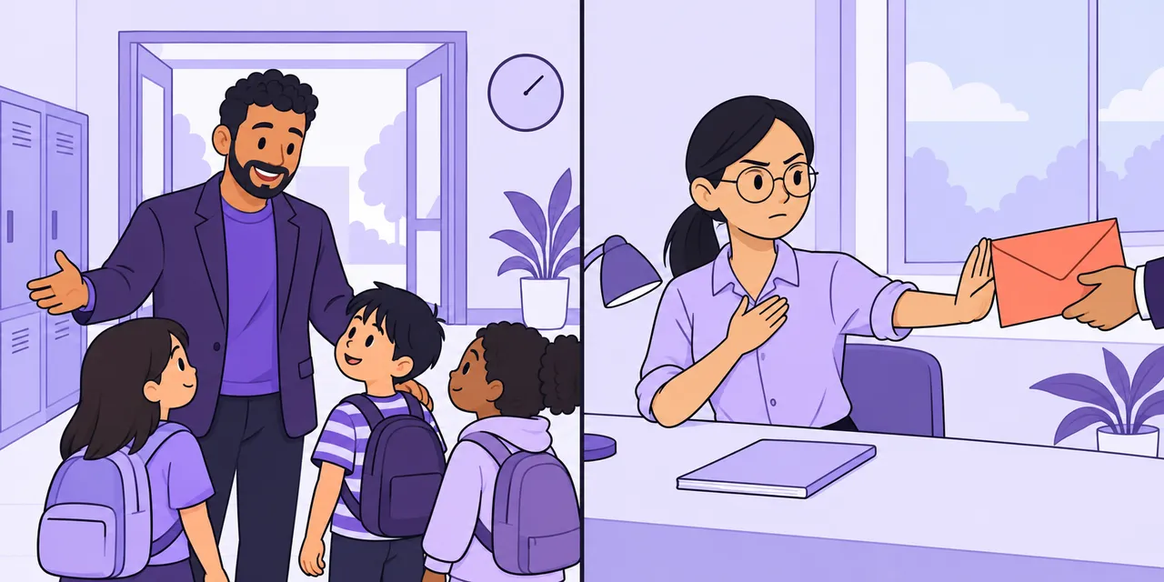 Left: a school head welcomes pupils at the door. Right: a woman firmly pushes away an envelope offered to her.