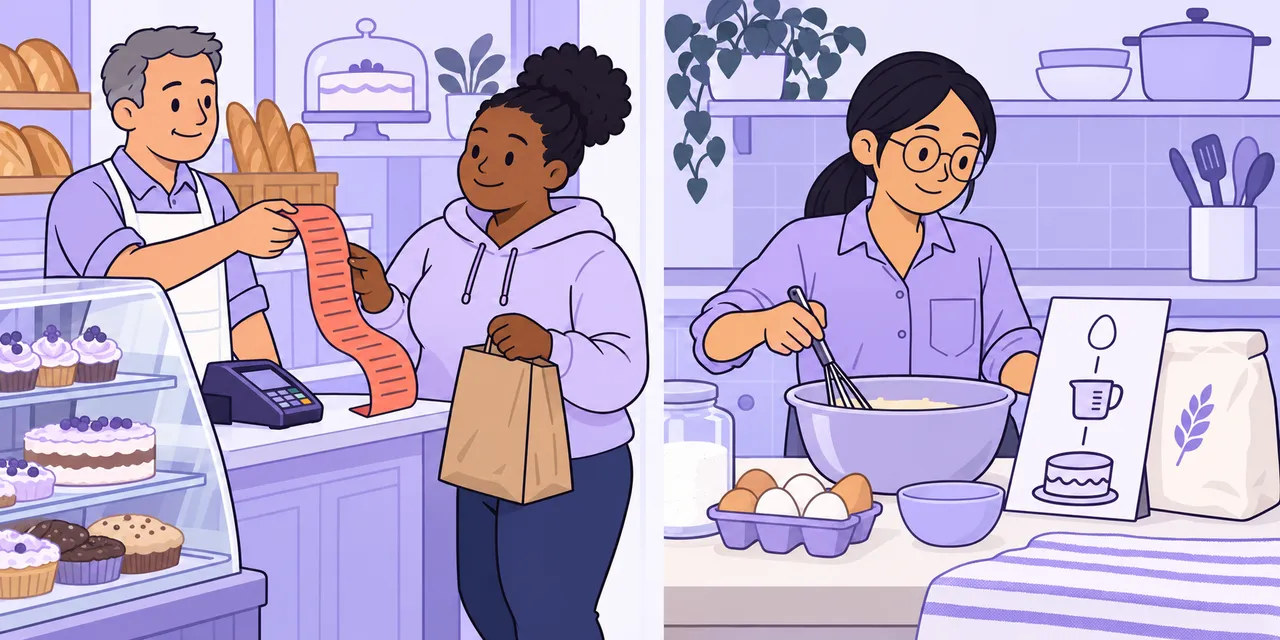 Left: a cashier hands a woman a long receipt at a bakery till. Right: a woman mixes a cake, following a picture recipe card.