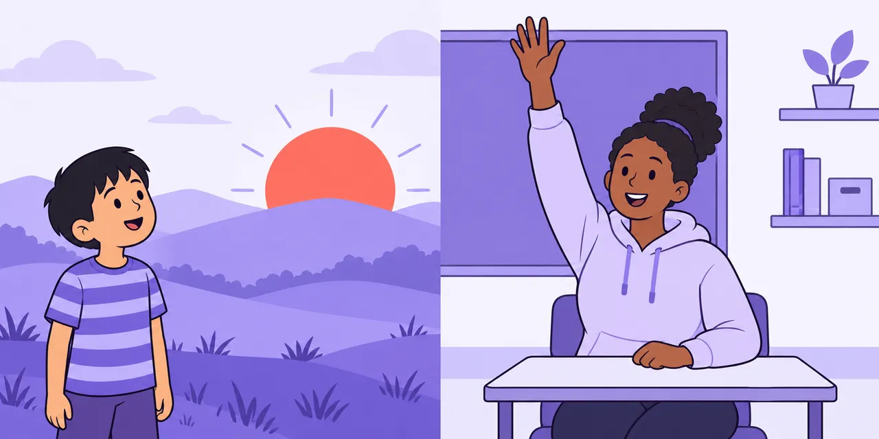 Left: a boy watches the sun rise over hills. Right: a student raises her hand high in class.