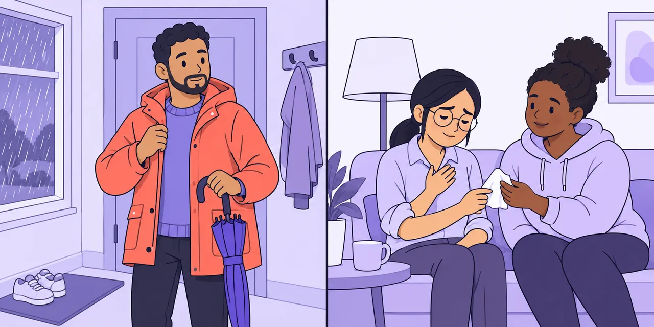 Left: a man puts on a red raincoat and takes an umbrella. Right: a woman, moved to tears, is offered a tissue by a friend.