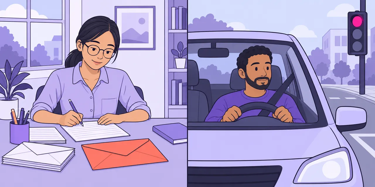Left: a woman writes a letter at a desk with pens and envelopes (stationery). Right: a man waits in a car at a red light (stationary).