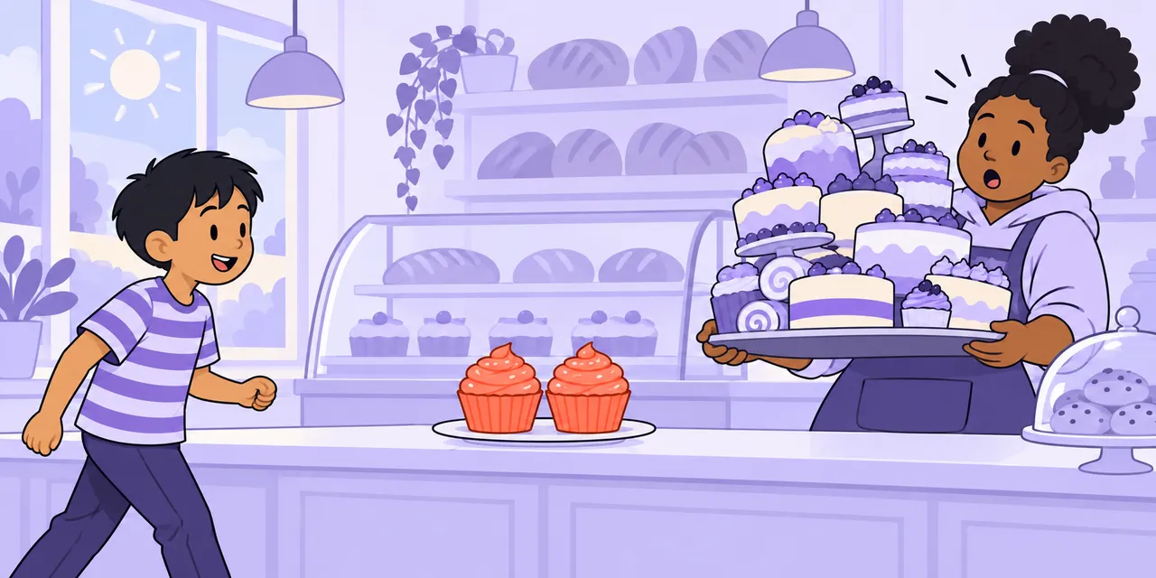 A boy walks to a bakery counter with two cupcakes (to, two) while the baker carries a far too big tray of cakes (too).
