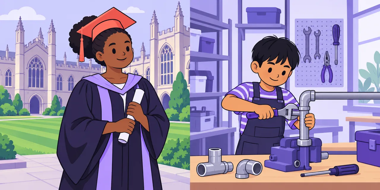 Left: a graduate in a cap and gown outside an old stone university. Right: a student fixes a pipe in a college workshop.