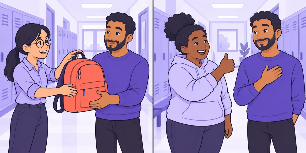 Left: a woman hands a red backpack back to its owner (your bag). Right: a friend gives him a thumbs-up (you're doing great).