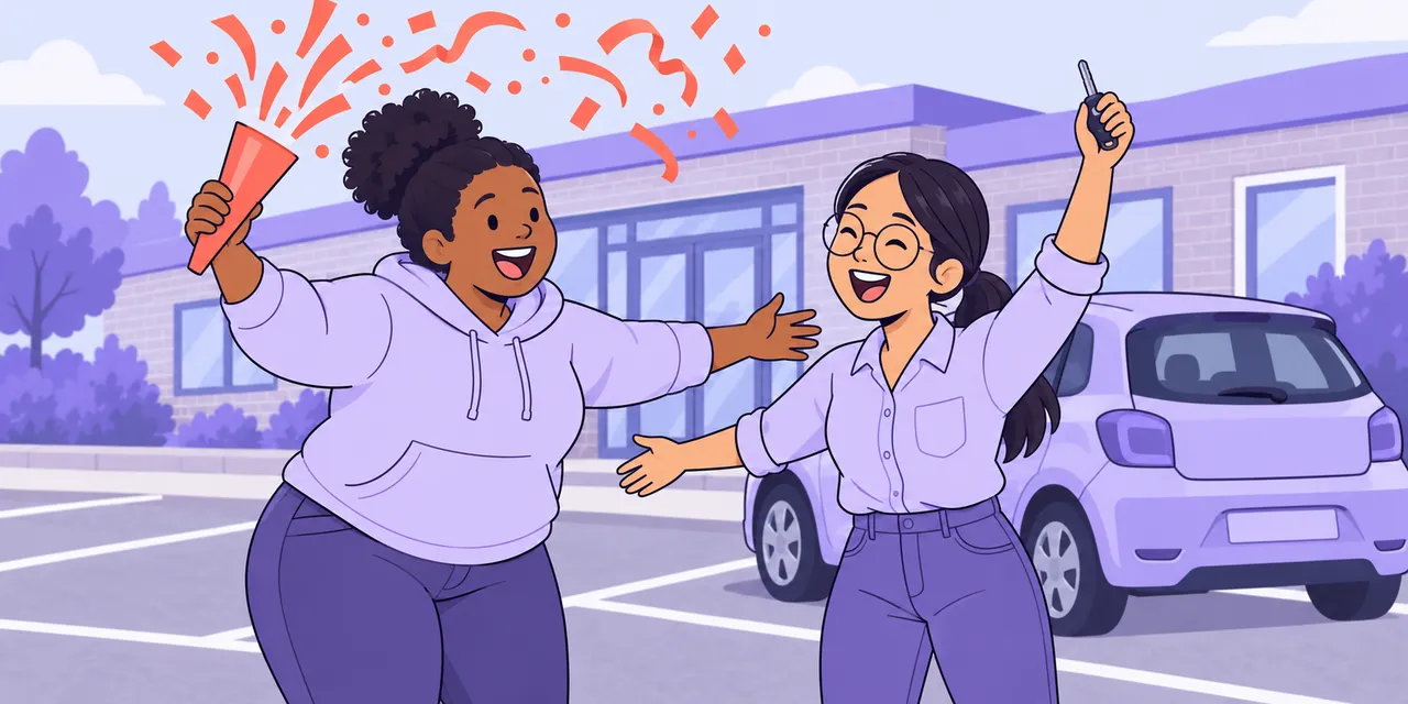 Outside a driving test centre, Mia bursts a party popper as Jo holds up her car key.