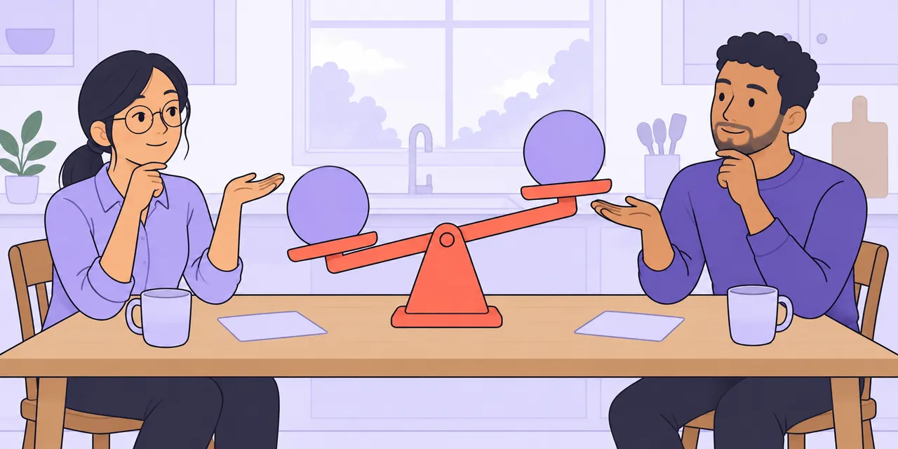 Two people at a kitchen table weigh two options, each holding a palm up beside a see-saw that tips between them.