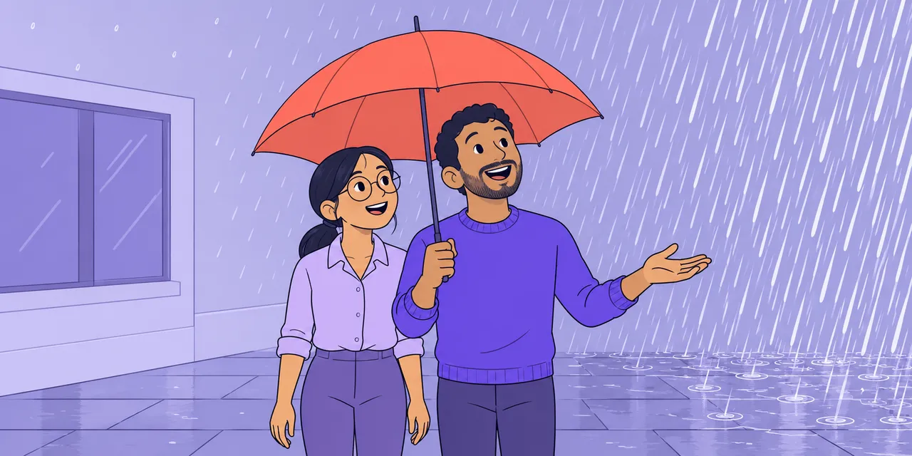A woman and a bearded man share one big umbrella; the rain behind them thickens from a few drops on the left to dense streaks on the right.