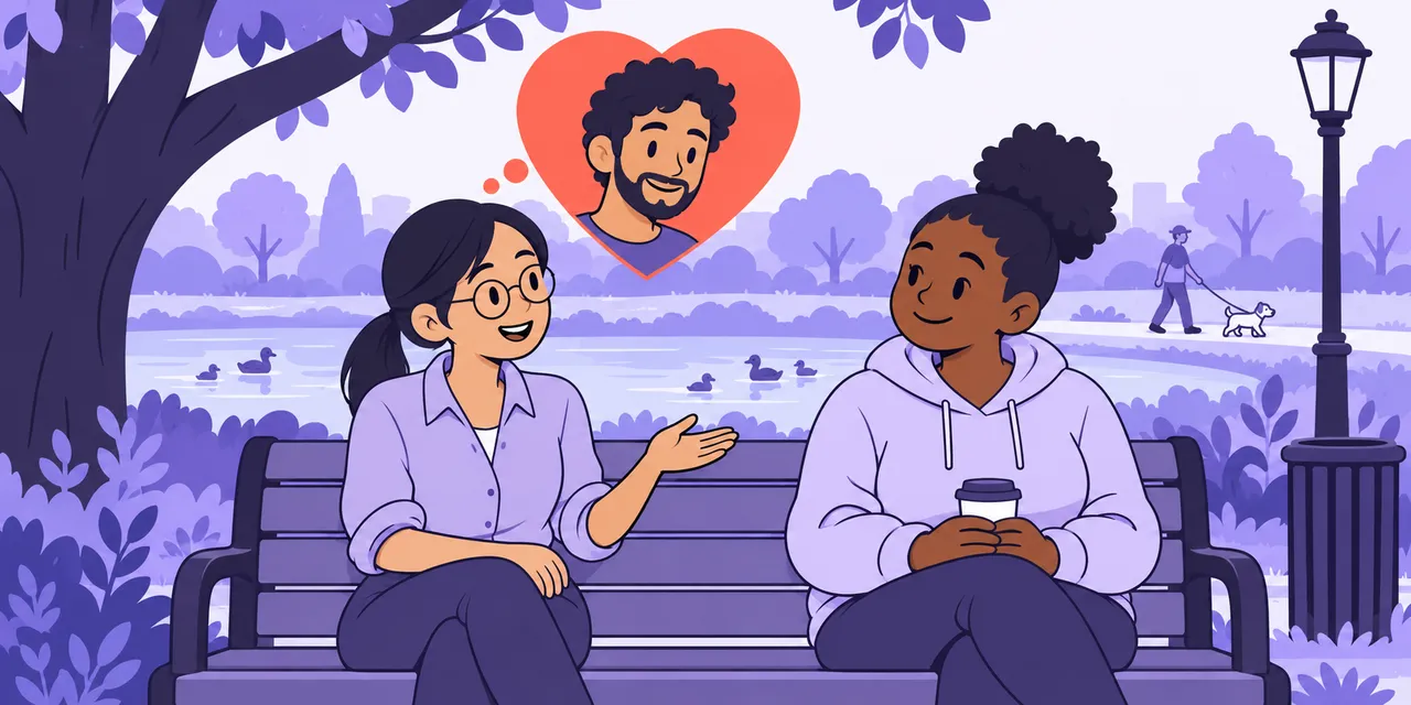 On a park bench, Jo tells Mia about a friend, whose smiling face appears in a heart-shaped bubble.