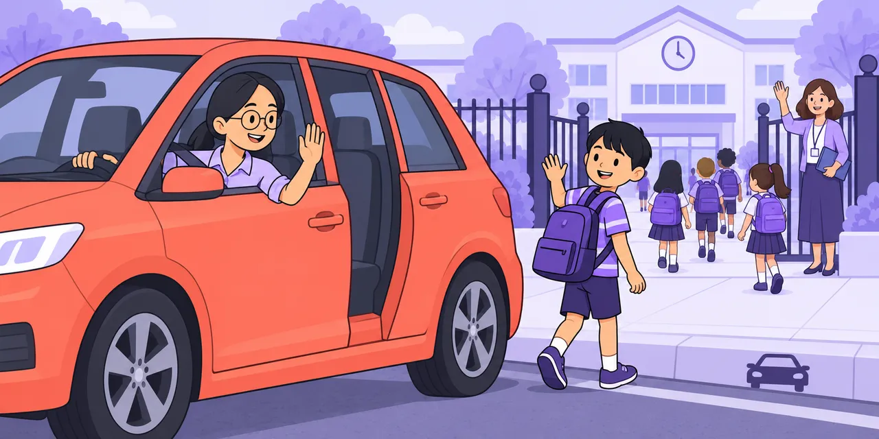 A scene showing “drop off” meaning “take someone somewhere and leave them”.