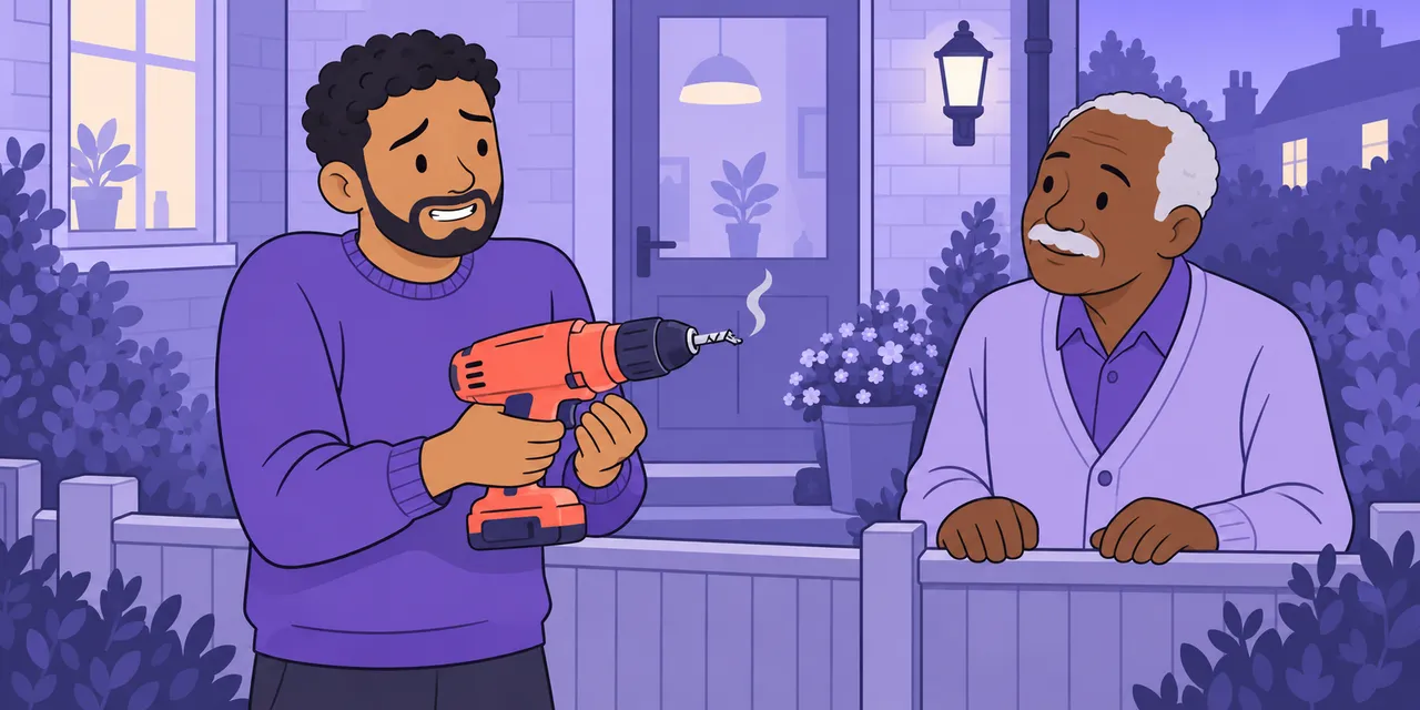 Over a garden fence, Sam winces as he hands his older neighbour a drill with a snapped bit and a puff of smoke.