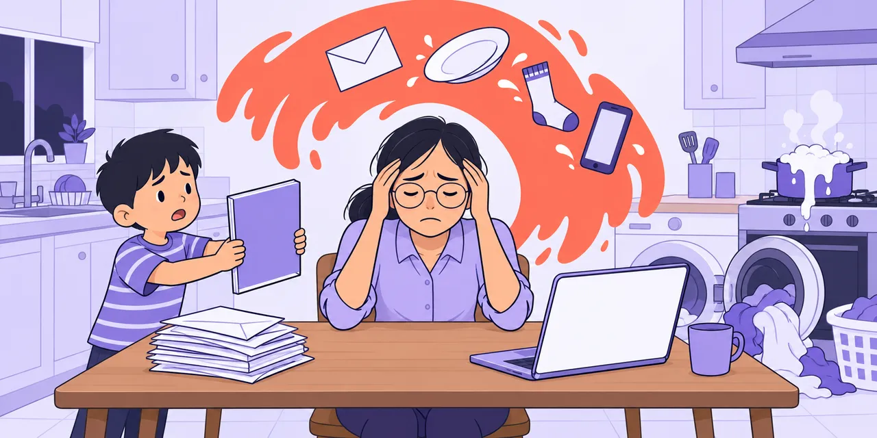 At the kitchen table, Jo holds her head as a wave of letters, plates, socks and a phone curls over her.