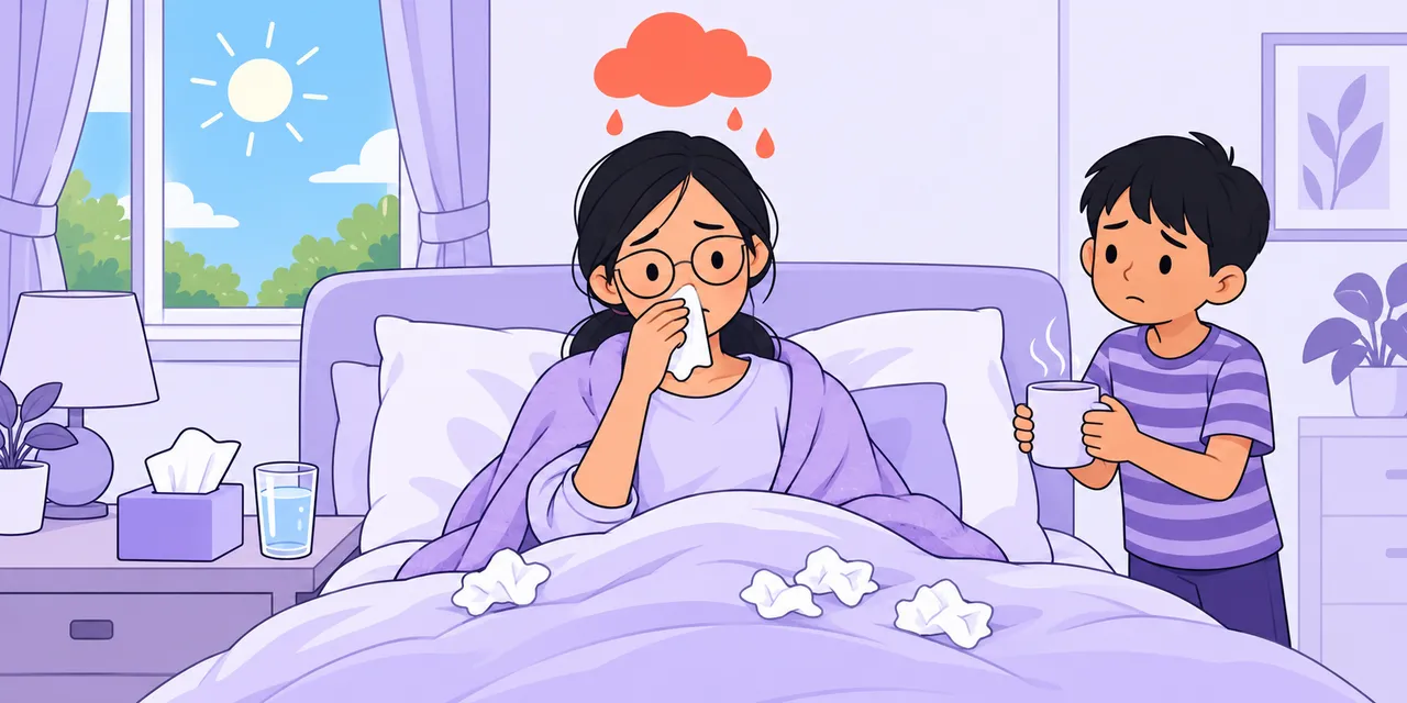 Jo sits up in bed with tissues as a small rain cloud rains only on her, and Leo brings her a warm drink.