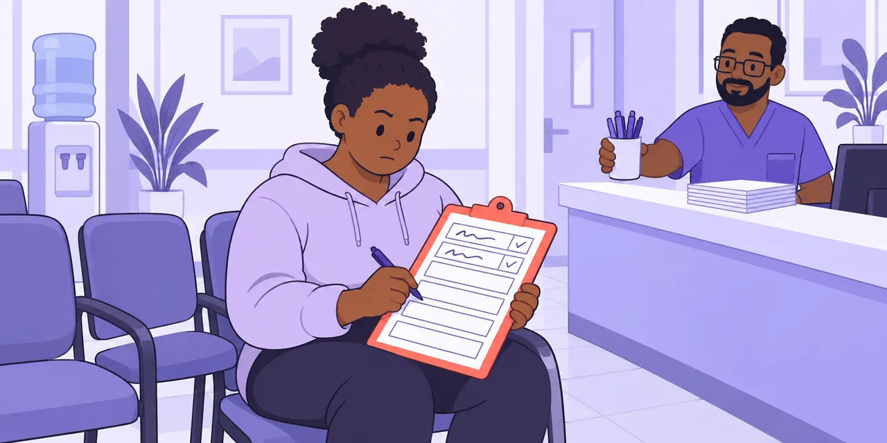 A scene showing “fill in” meaning “complete a form”.