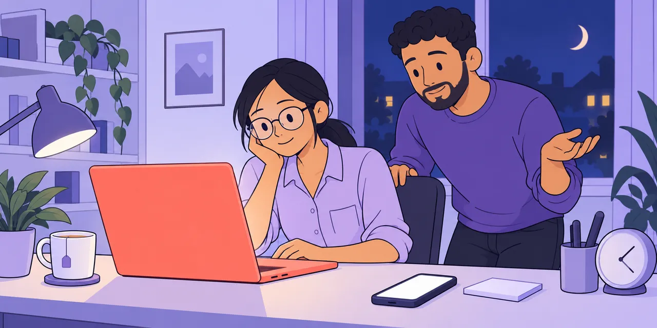 A woman waits at her laptop late in the evening while a colleague leans in and shrugs: still no reply to the email.