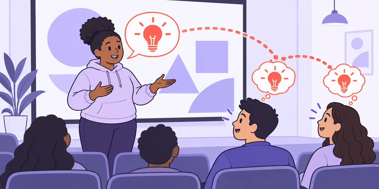 A speaker explains an idea and the same lightbulb appears in her listeners' heads.