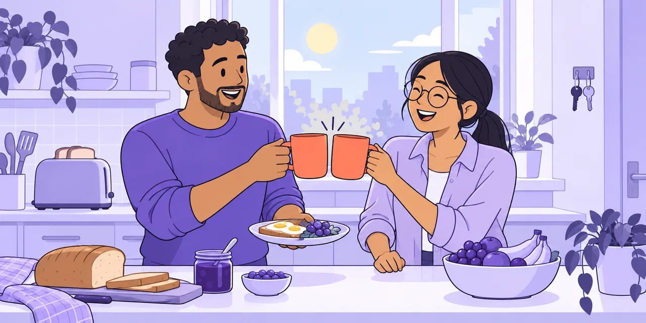 Two flatmates laugh together while making breakfast in a sunny kitchen.