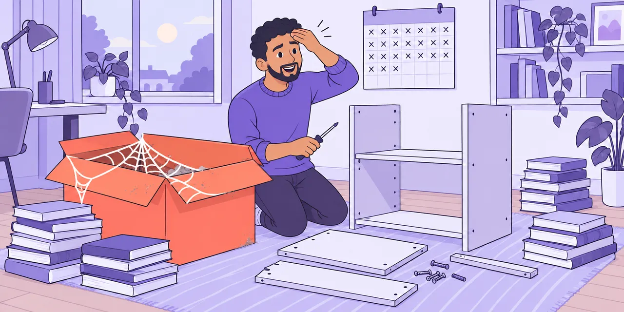 A man finally assembles a bookshelf from a dusty flat-pack box covered in cobwebs.