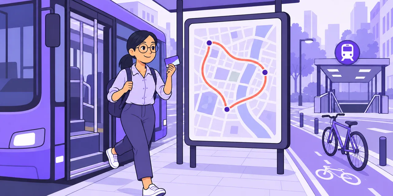 A woman steps off a bus beside a city map with her route looping between stops.