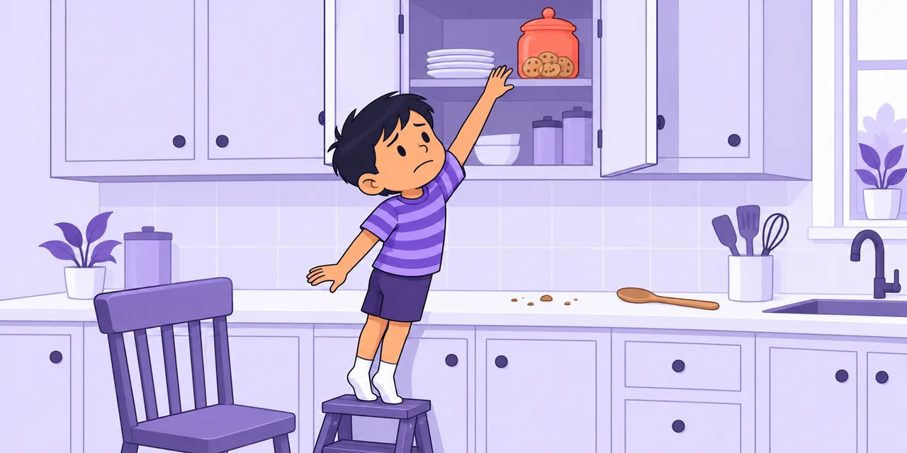 A scene showing “get at” meaning “reach something hard to get to”.