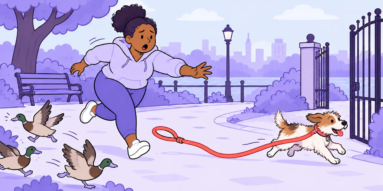 A dog races out of a park gate trailing its empty lead while its owner runs after it, arm outstretched.