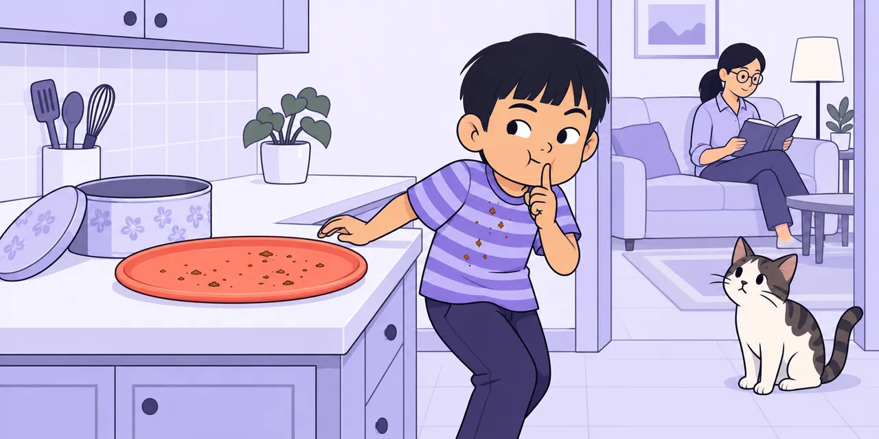 A boy tiptoes away from an empty cake plate with a finger to his lips while his mother reads on the sofa, unaware.