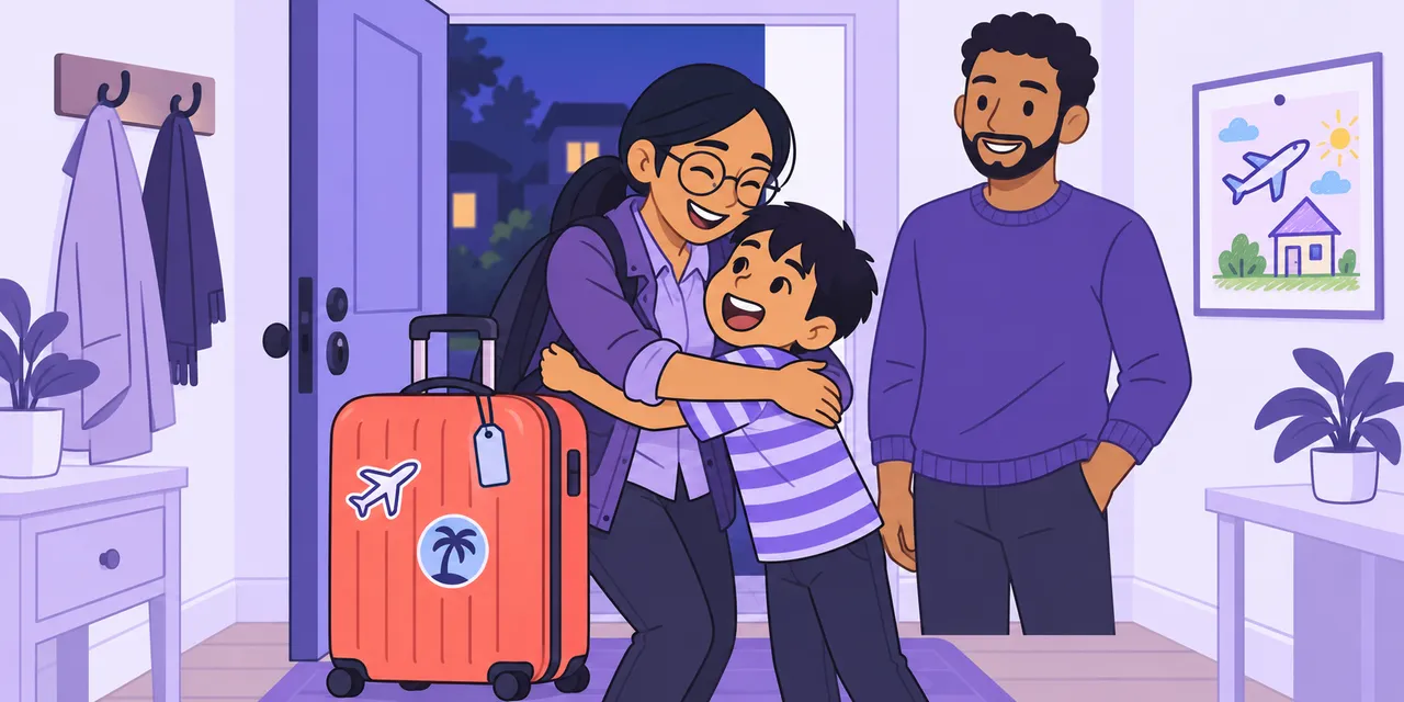 A scene showing “get back” meaning “return to a place”.