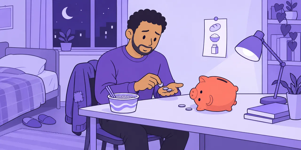 A student at a small desk counts a few coins beside a nearly empty piggy bank and a pot of instant noodles.