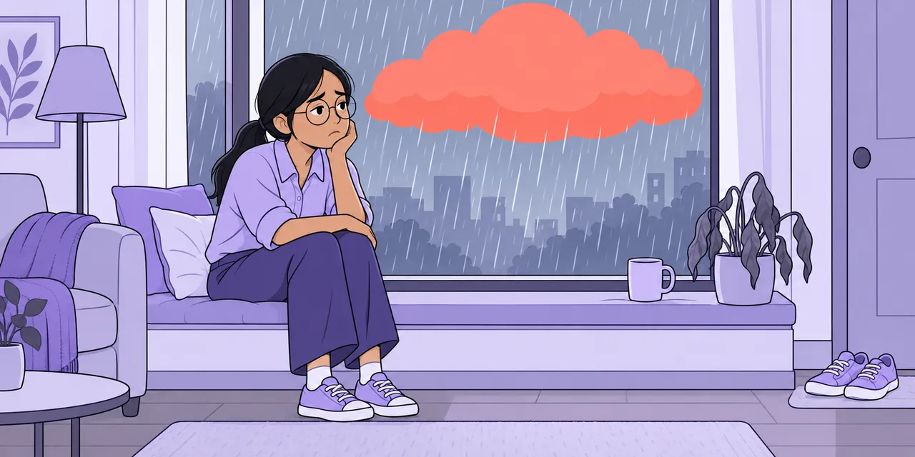 A woman sits at a window with her chin on her hand, looking sadly out at a heavy rain cloud.
