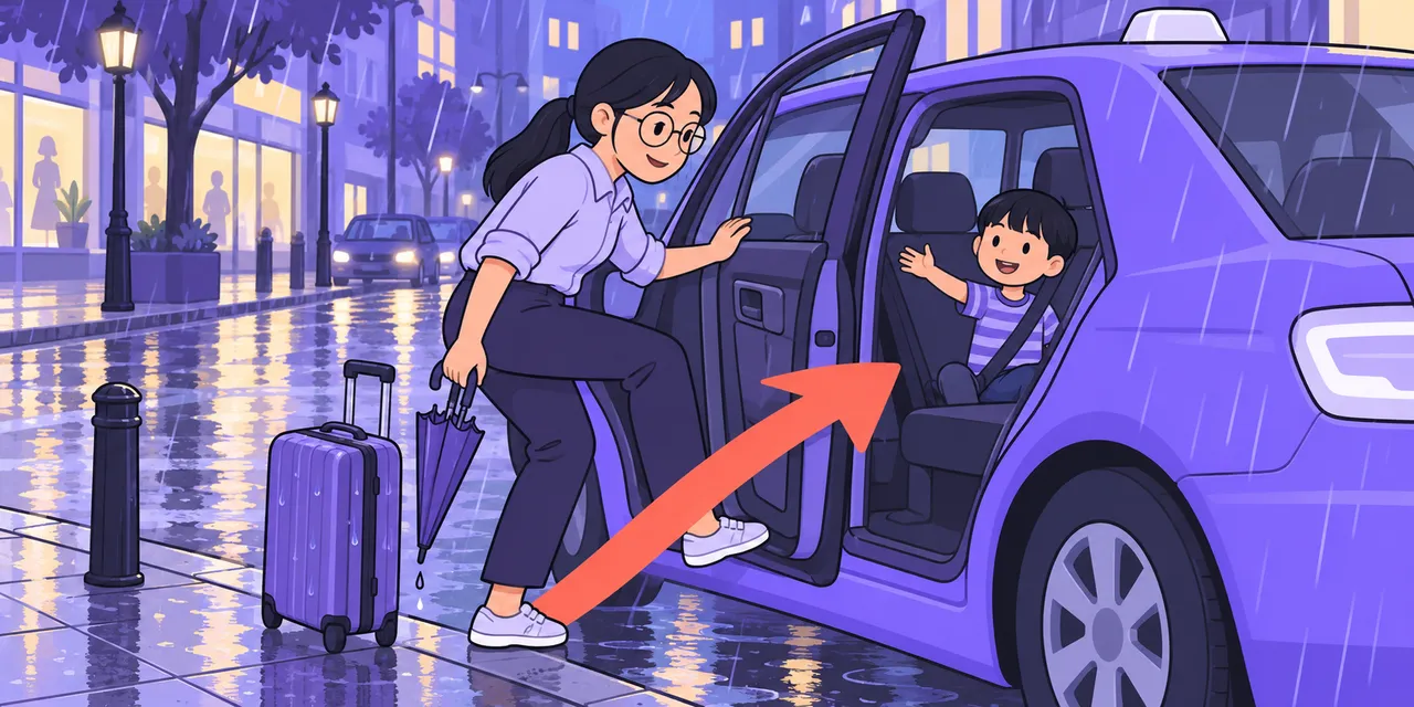A scene showing “get in” meaning “enter a car or place”.
