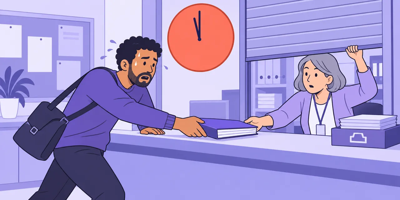 A scene showing “get in” meaning “hand in before the deadline”.