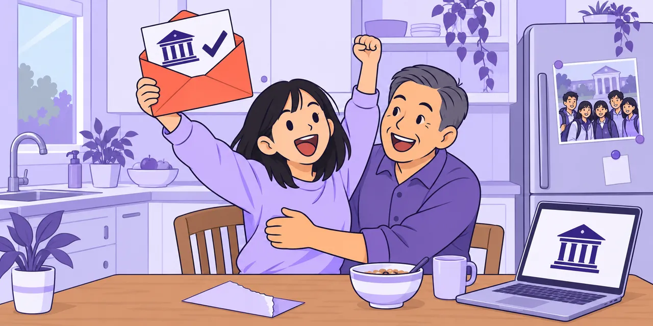 A scene showing “get into” meaning “be accepted by a school”.
