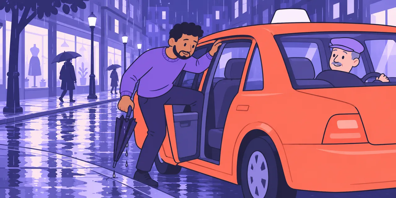 A scene showing “get into” meaning “go inside a car or place”.