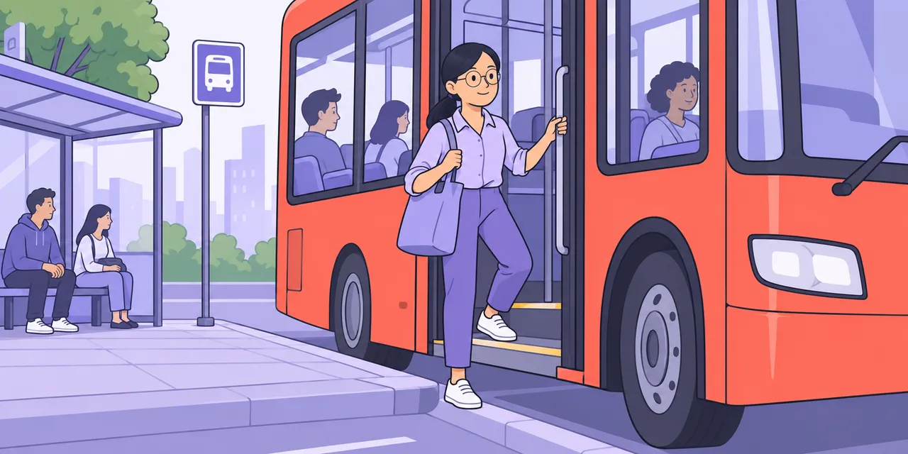 A scene showing “get off” meaning “leave a bus or train”.