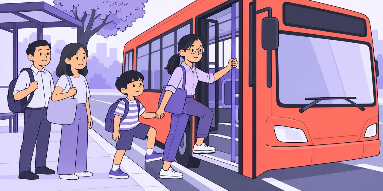 A scene showing “get on” meaning “step onto a bus or train”.