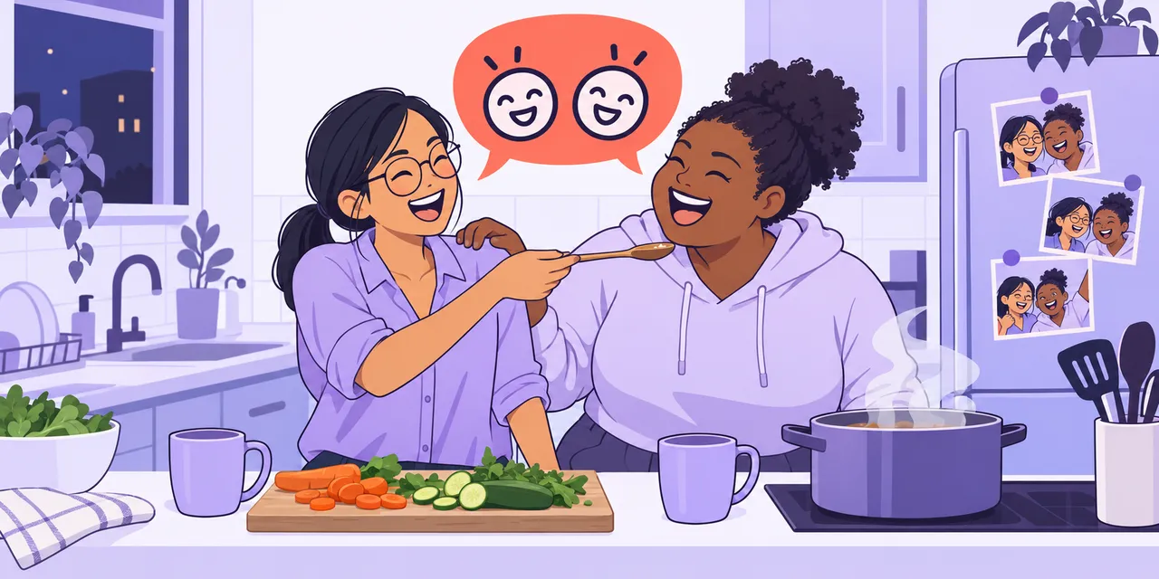 Two friends cook together in a shared kitchen, laughing, one passing the other a spoon to taste.