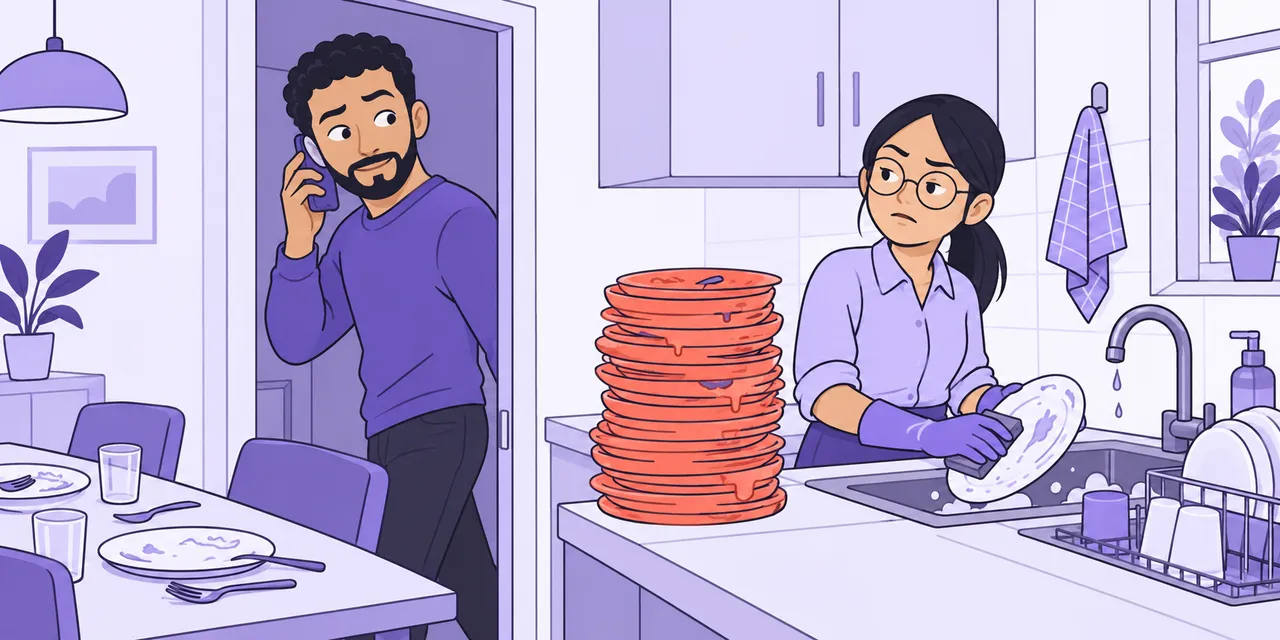 A man slips out of the kitchen pretending to take a phone call while his partner, at the sink, eyes the stack of dirty plates.