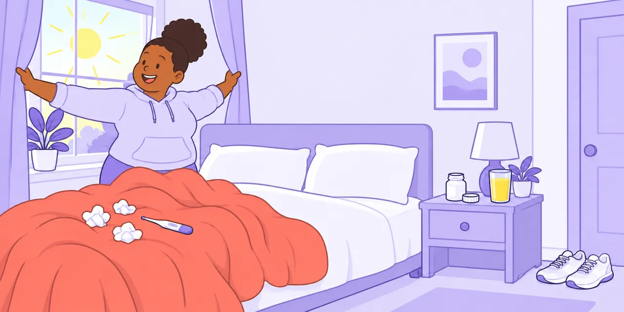 A woman throws open the bedroom curtains to the sun, the blanket with tissues and a thermometer left behind on the bed.
