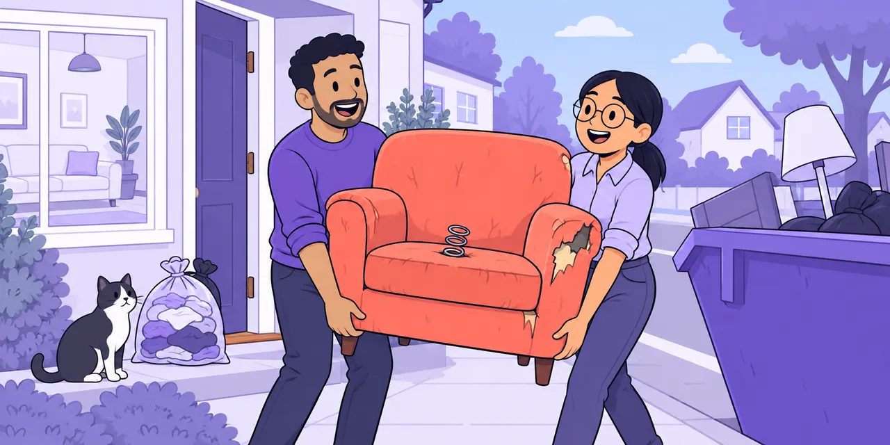 Two people carry a worn-out armchair with a broken spring out to a skip on the street.
