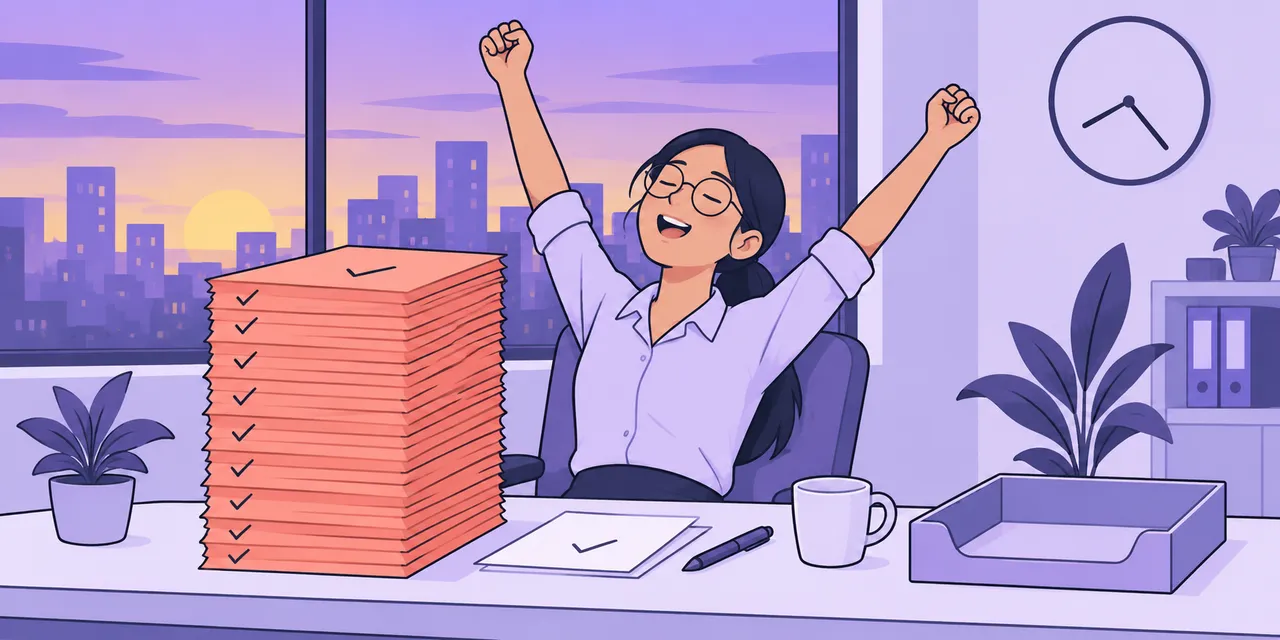 A woman leans back at her desk with her arms raised beside a tall stack of finished, ticked-off papers.