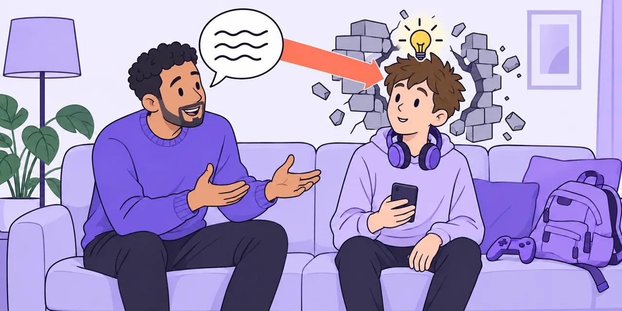 A man explains to a teenager; an arrow from his words breaks through a brick wall to the boy, and a lightbulb glows above the boy's head.