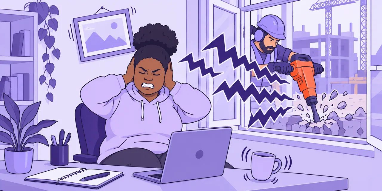 A woman at her desk presses her hands over her ears while a drill hammers loudly outside her window.