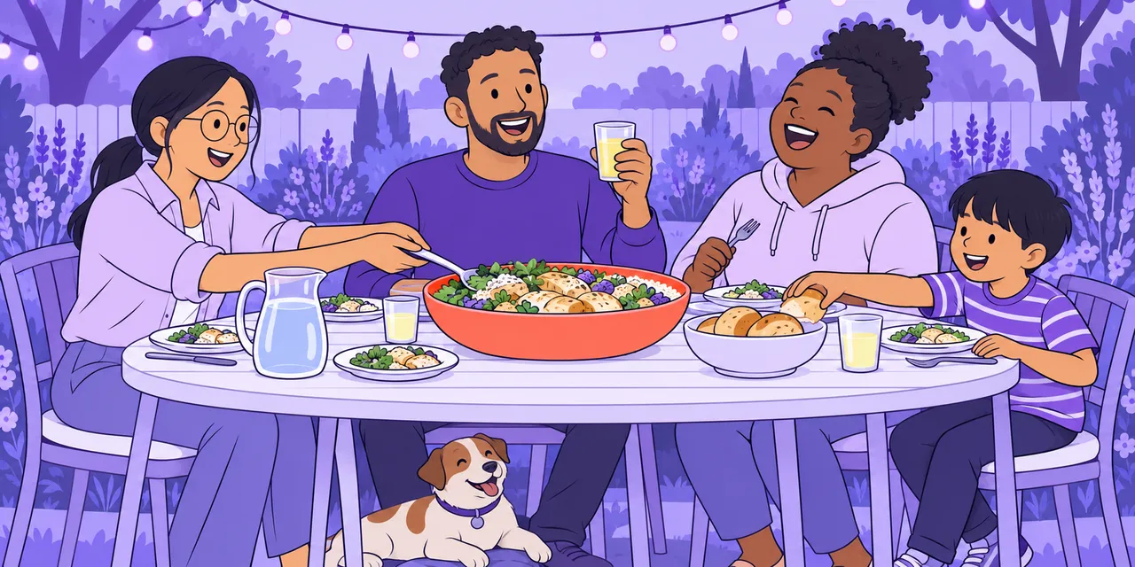 Friends and family share a big dish of food around a garden table under string lights, laughing.