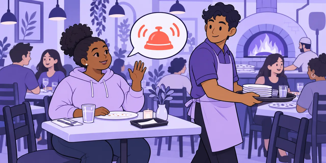 In a busy pizzeria, Mia raises a hand to a passing waiter, with a ringing service bell in her speech bubble.