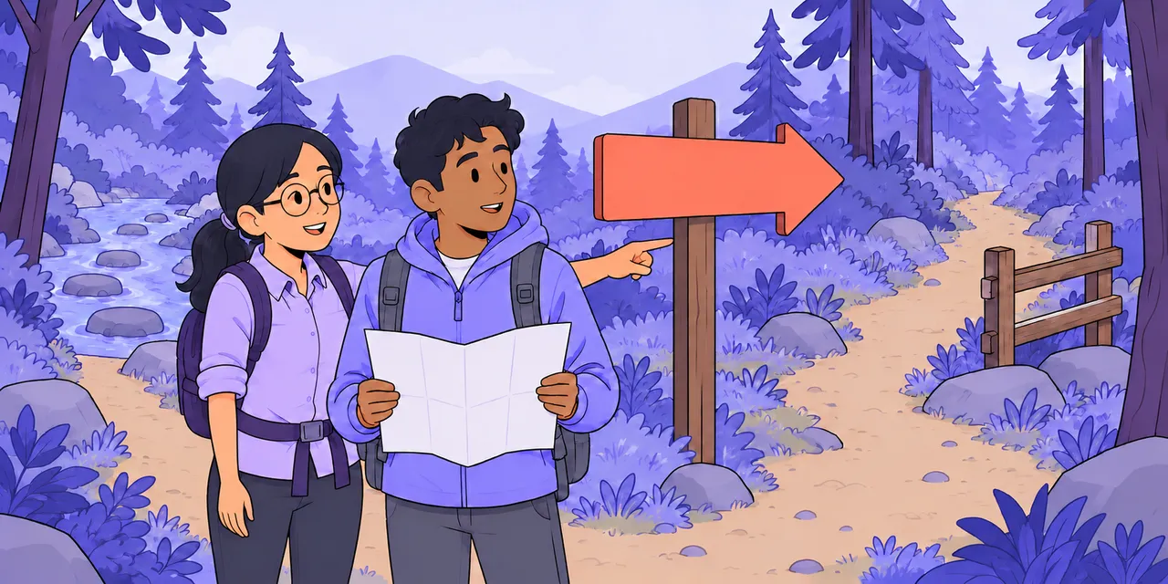 On a woodland trail, Jo points a young hiker with a map towards a big arrow signpost at a fork in the path.