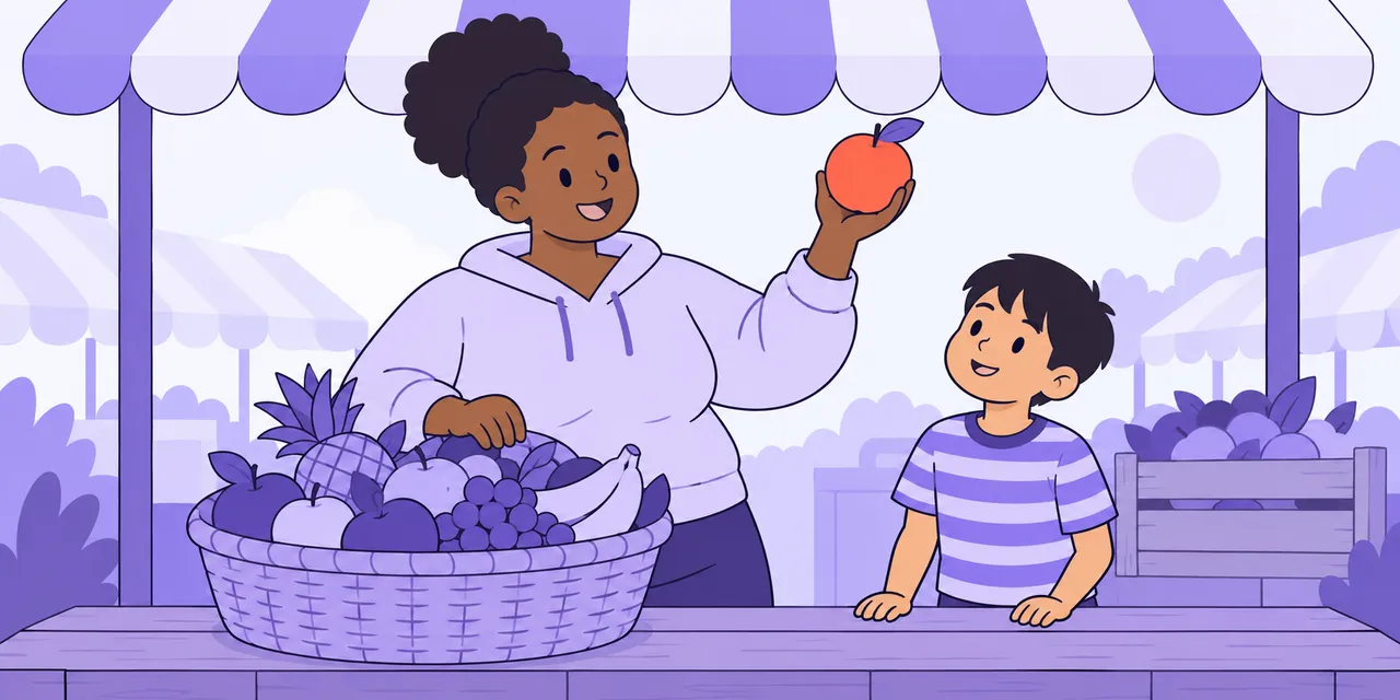 A market seller lifts one apple out of a full fruit basket to show a boy an example.
