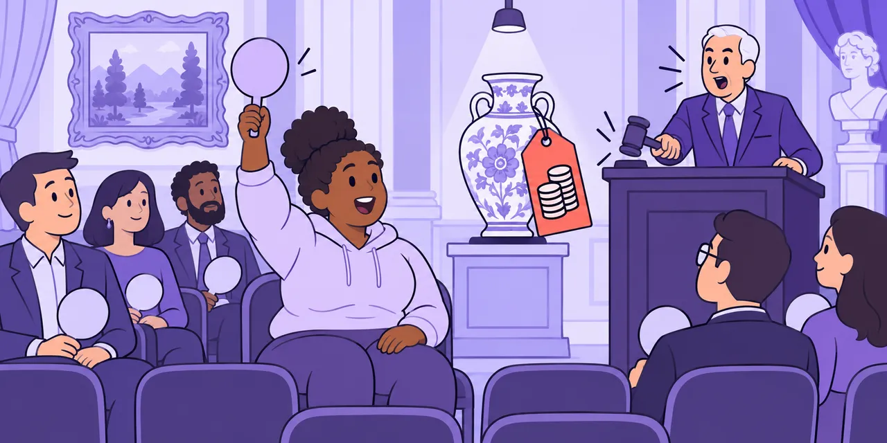 A scene showing “go for” meaning “be sold for a price”.