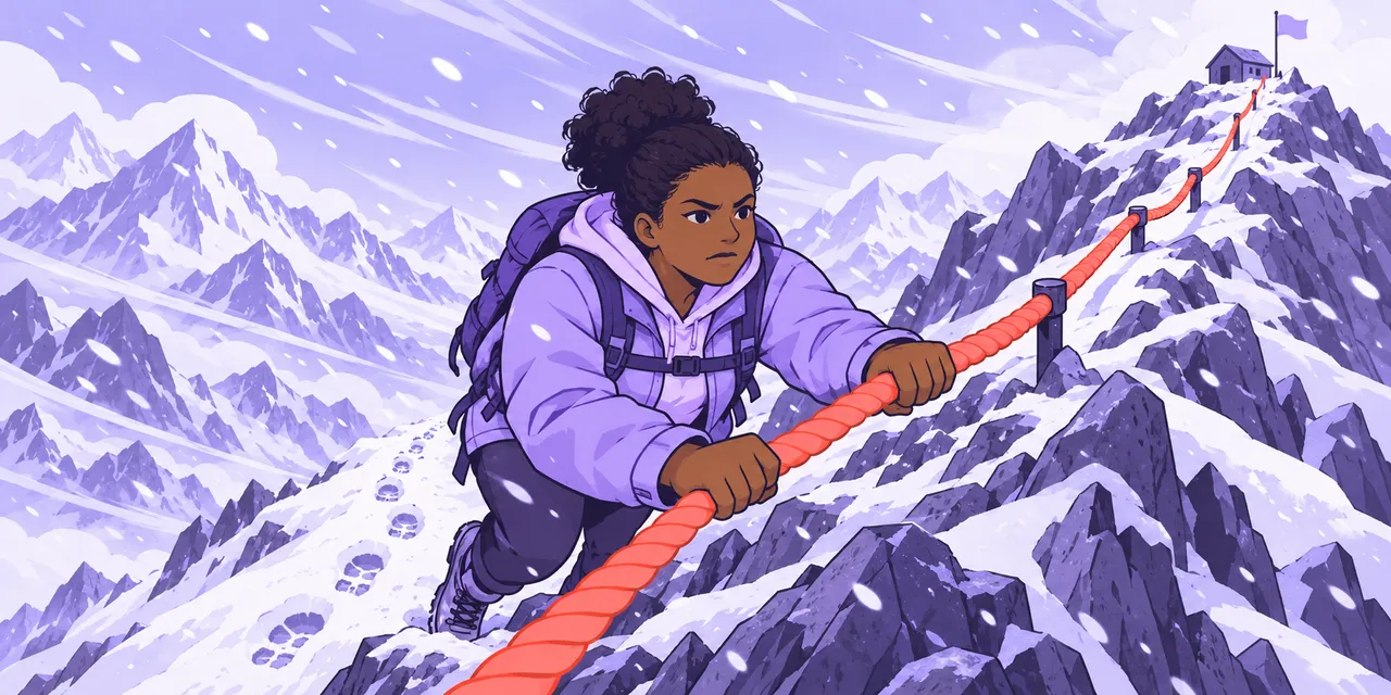 A scene showing “hang on” meaning “keep going despite difficulty”.