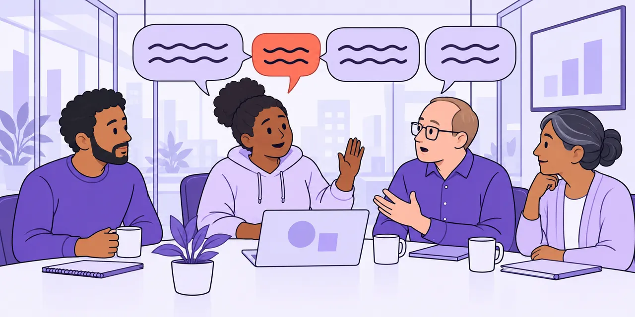 In a meeting room, Mia raises a hand as her own speech bubble slots into the gap between her colleagues' bubbles.
