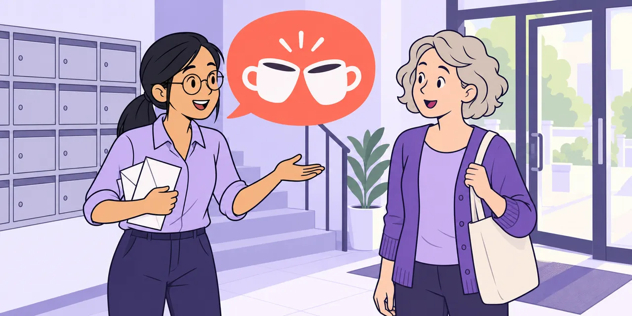 By the building's mailboxes, Jo invites her neighbour for a coffee; her speech bubble shows two cups clinking.